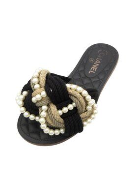 Chanel Sandals Pearl Flat Quilted CC Logo Black